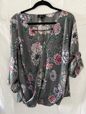 BCX Black Striped Floral Surplice Blouse with Pink & Green Accents